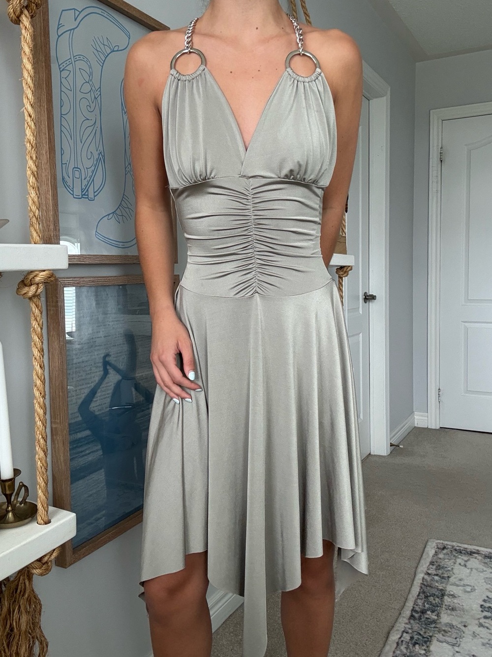 Asymmetrical Silver Halter Midi Dress with Chain-Ring Straps
